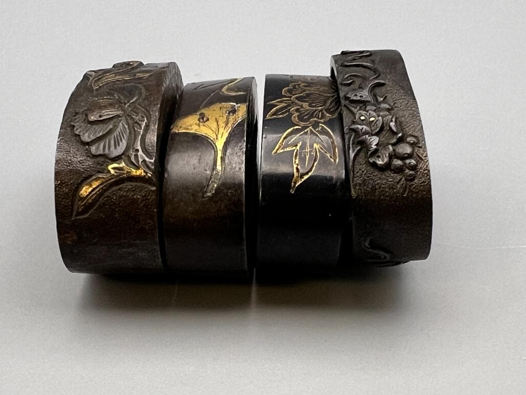 【海】江戸明治期　日本刀装具　花図　牡丹　金象嵌　縁頭　４点　骨董品　美術品
