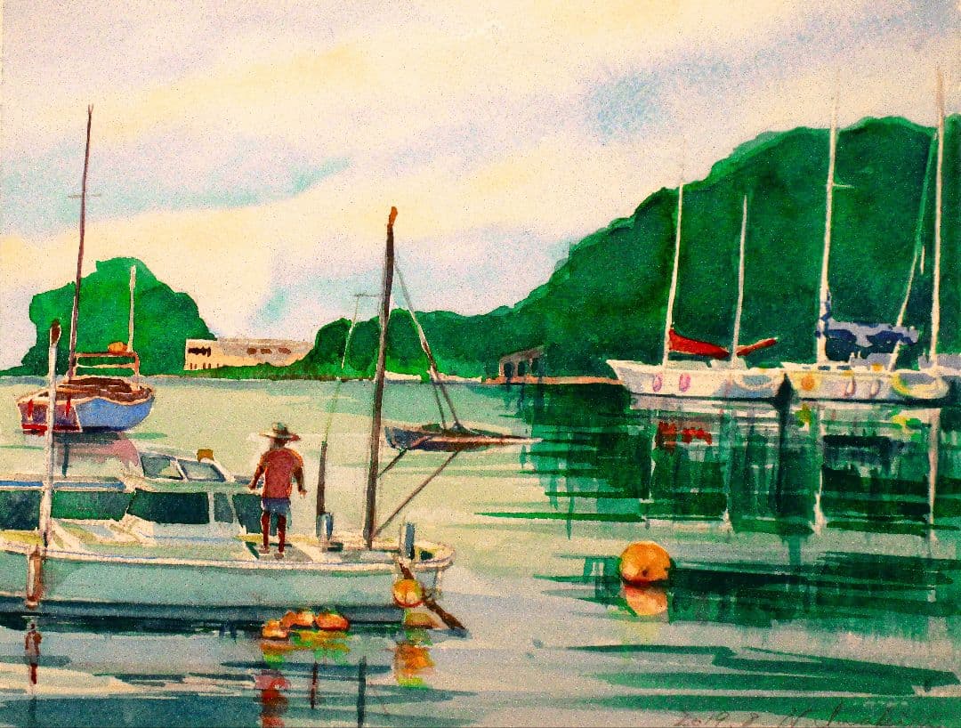 港の風景 水彩画 金色フレーム付き F6サイズ 原画