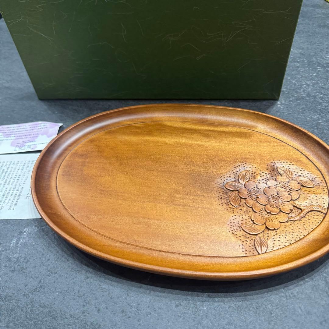 【新品未使用箱説明書付き】軽井沢彫 大阪屋家具店 楕円形 桜彫刻 33cm木製