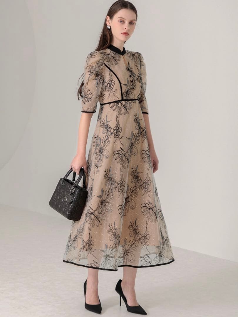 パイピングハイネック花柄ラメレースワンピースドレス結婚式パーティー成人式二次会