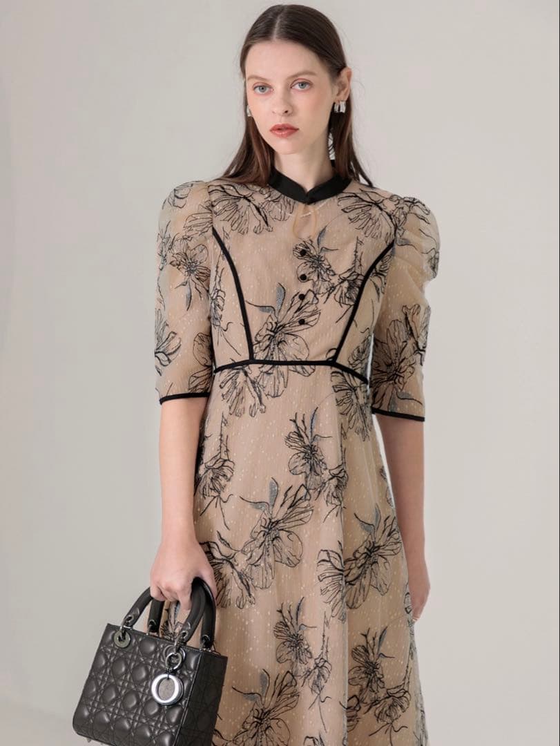 パイピングハイネック花柄ラメレースワンピースドレス結婚式パーティー成人式二次会