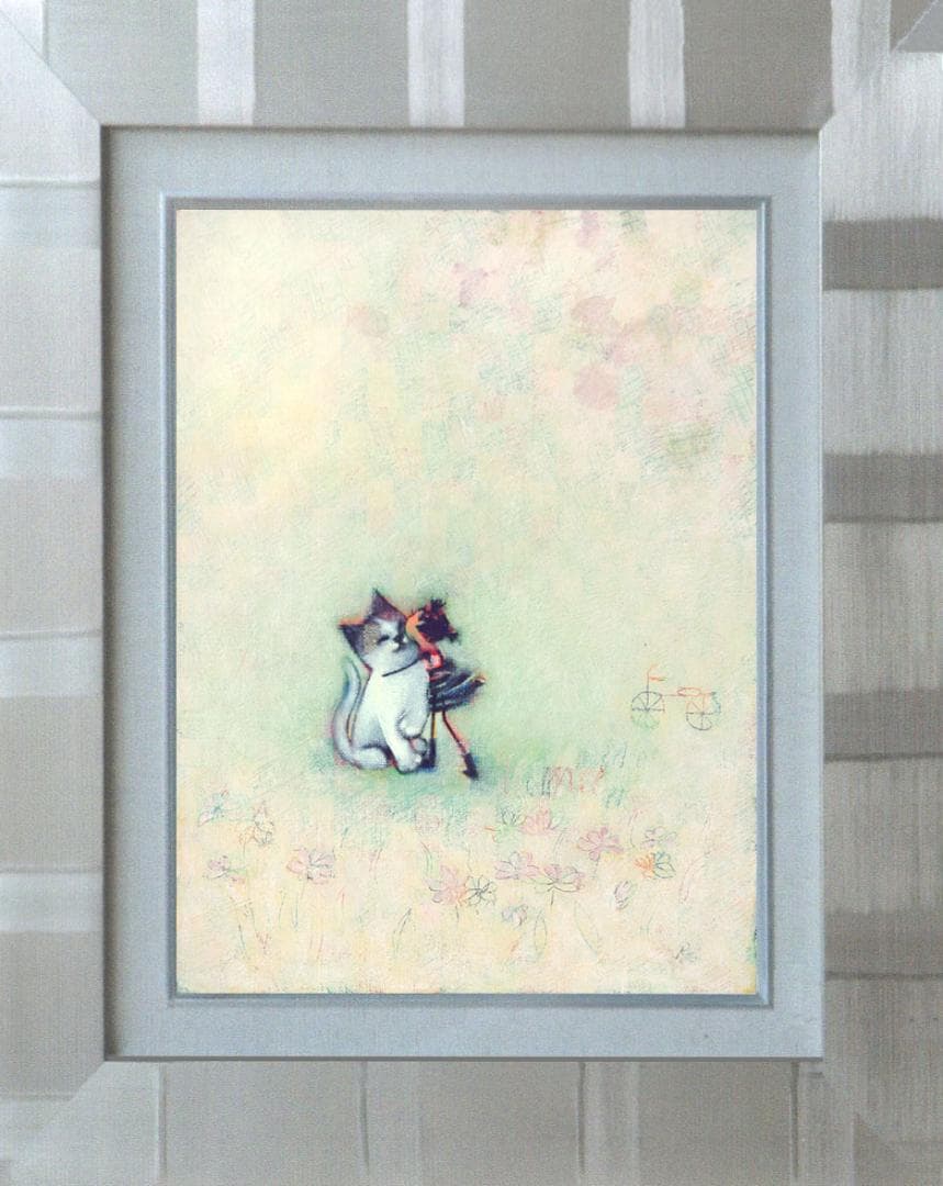 油絵 菅家令子 絵 絵画インテリア 額付(銀) F3-051621 子猫と女の子