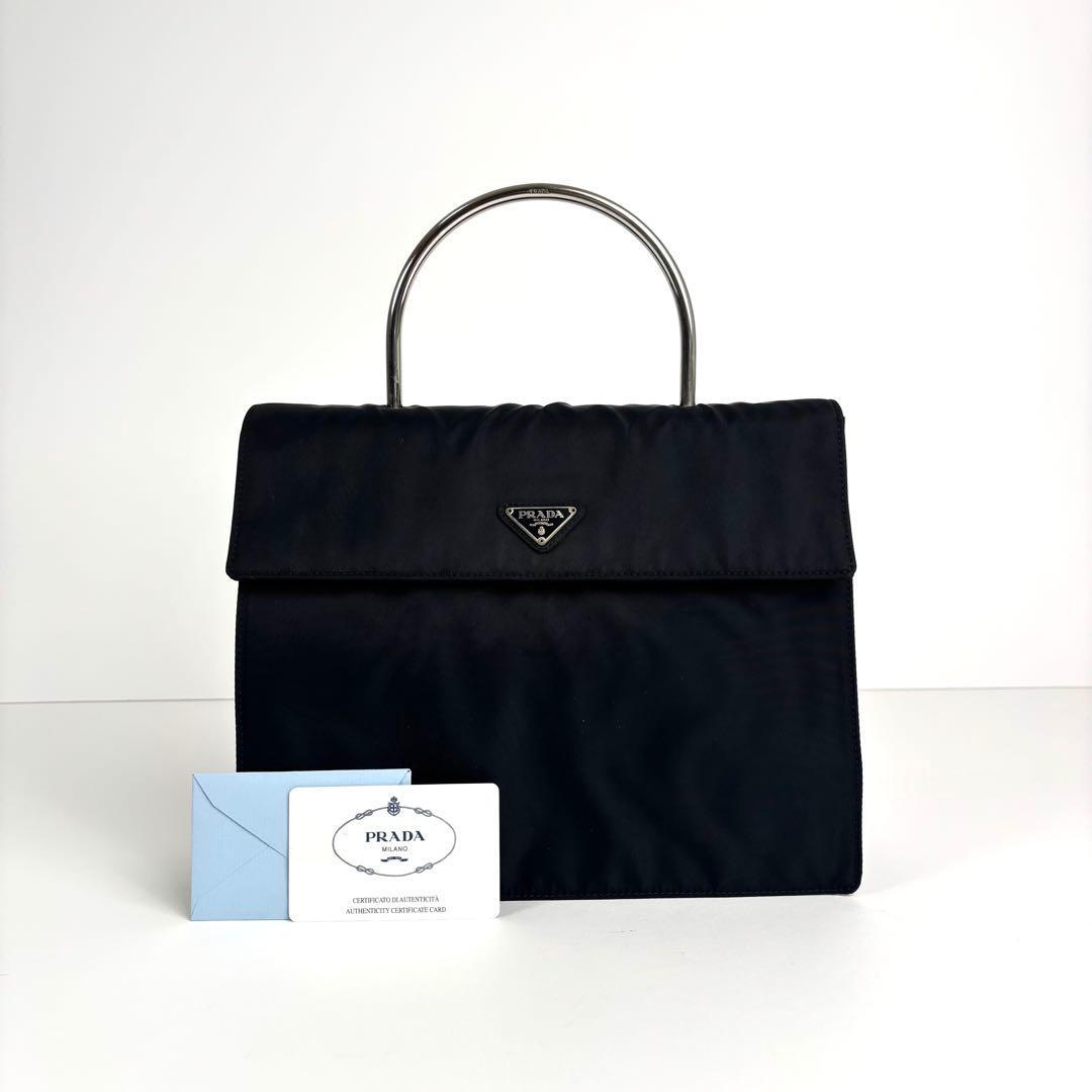 美品 PRADA プラダ メタルハンドル ハンドバッグ ナイロン ブラック