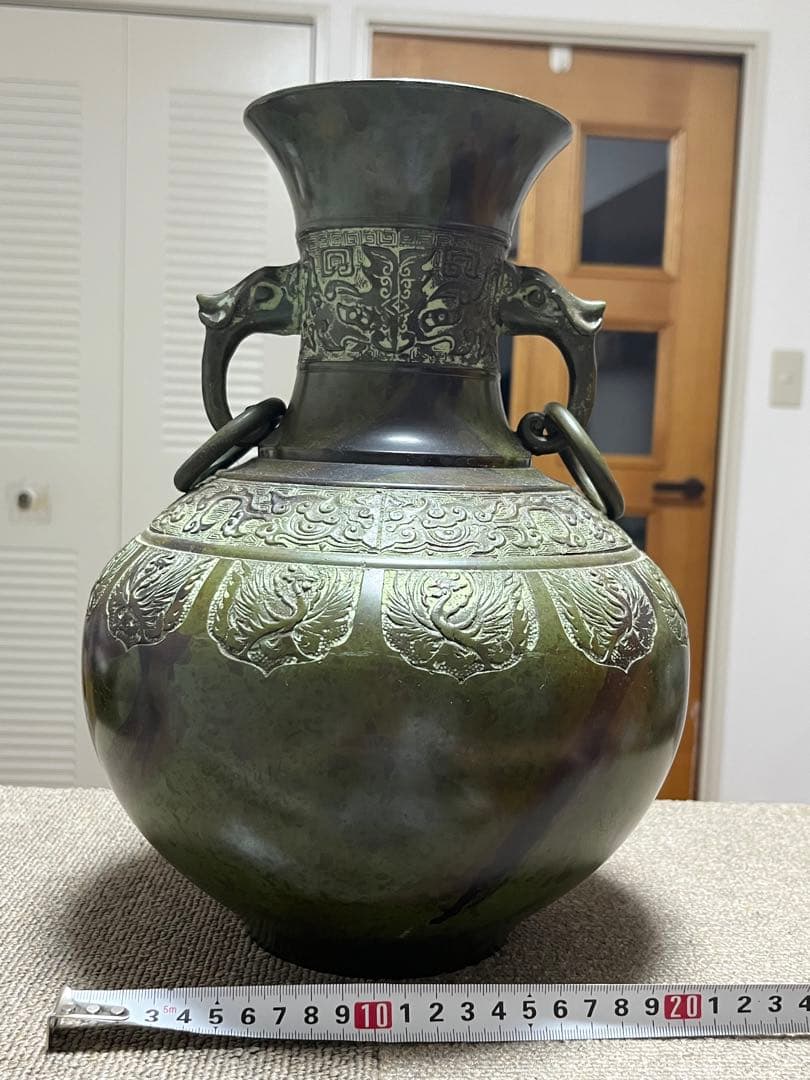 高岡銅器 吉秀 双耳 浮彫花鳥文花器 花瓶 華道具 飾り壷 インテリア