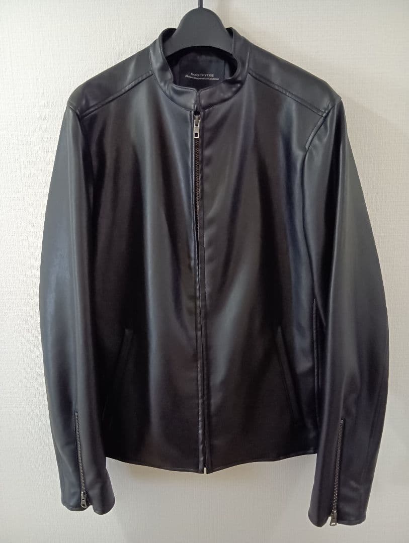 ナノ・ユニバース フェイクレザー シングルライダースジャケット XL