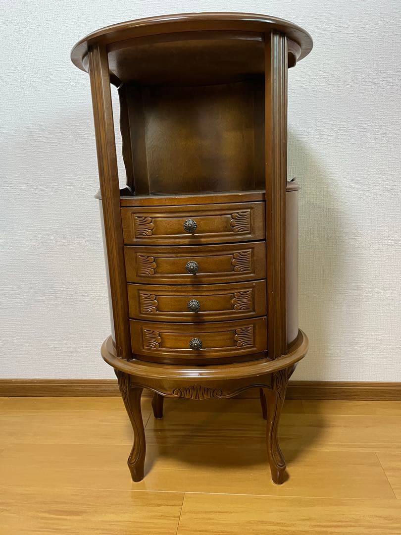 アンティーク調 木製サイドチェスト 4段引き出し 丸テーブル コンソールテーブル