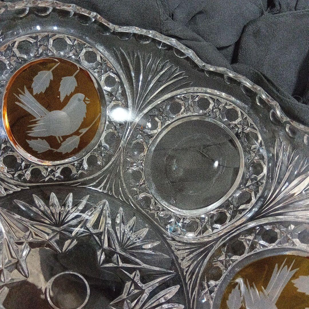 ホフバウワー イエローバードクリスタルガラス ボウル 小鳥アンティーク　西ドイツ