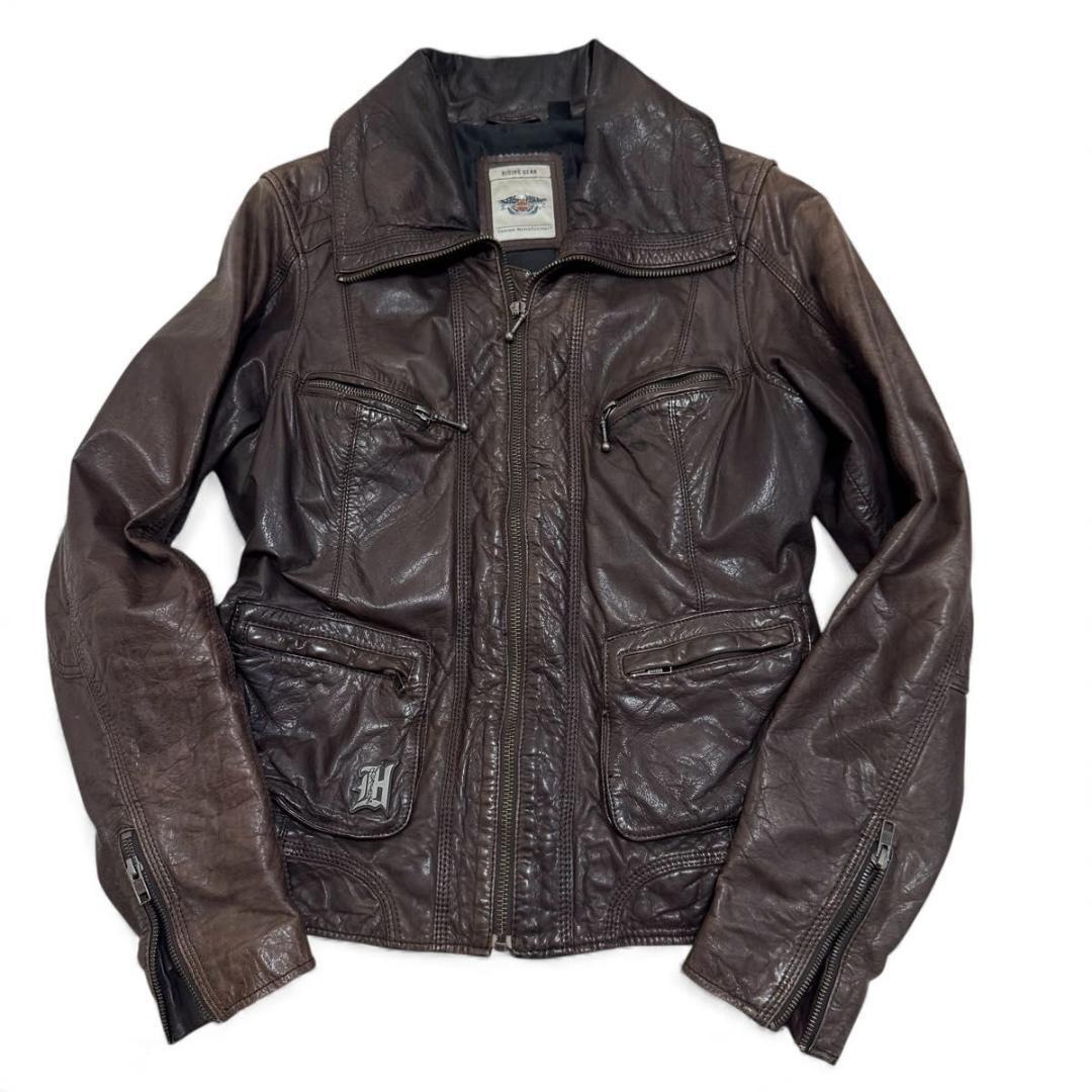 Harley-Davidson 　シングルライダース　牛革　ロゴ　エンボス　L