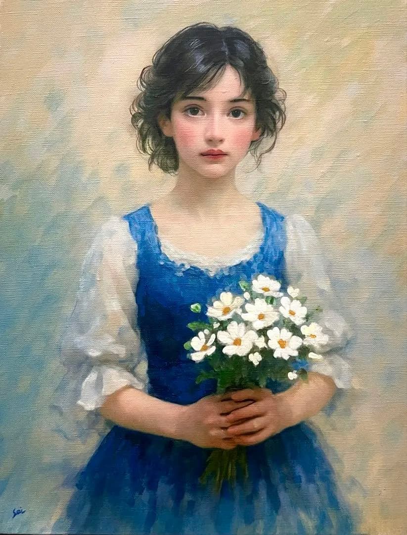(F6号)青谷誠一【花を抱く少女】表サイン有/共シール有/真作/油彩