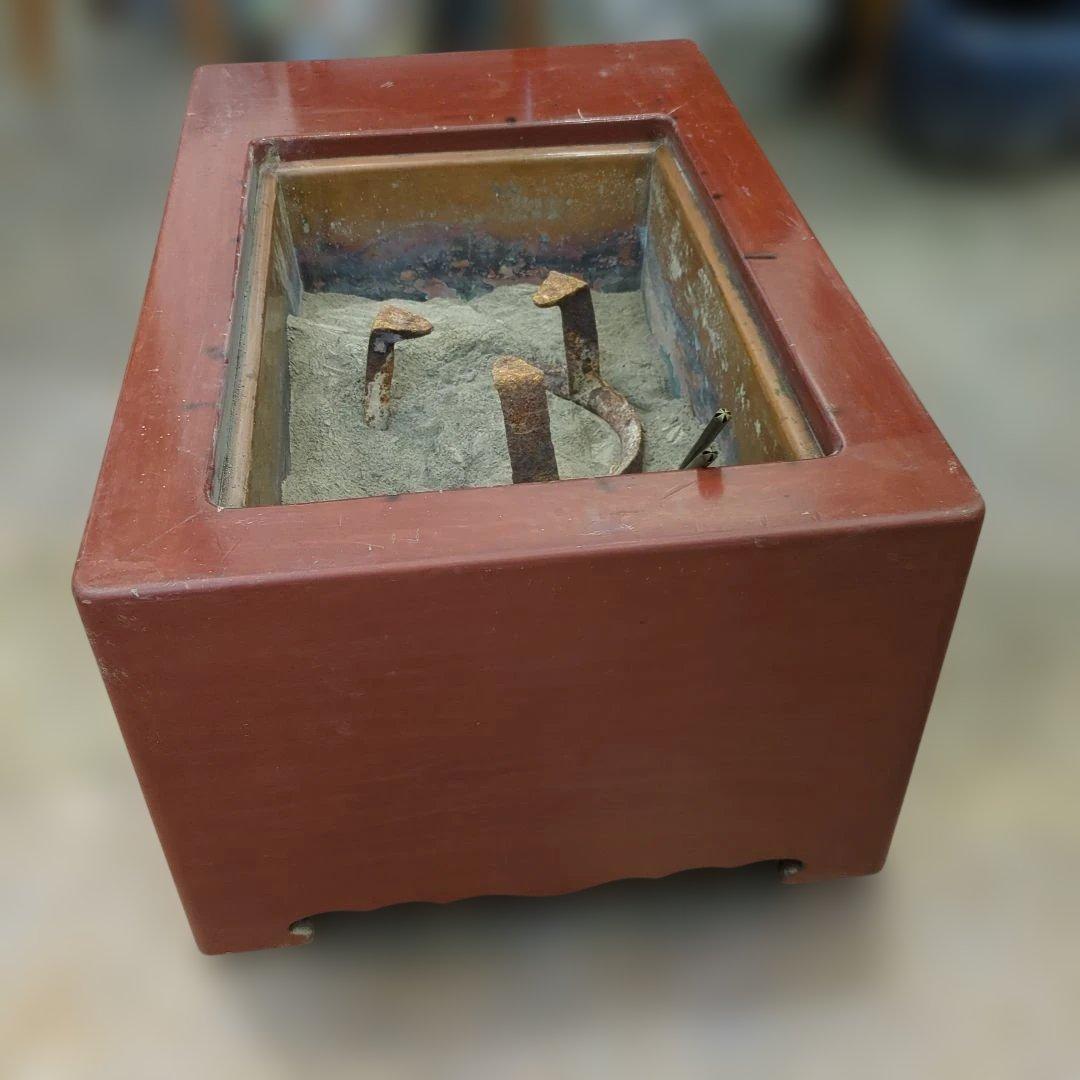 骨董　長火鉢　朱漆　木製　内側銅器　灰　火箸付き　テーブル