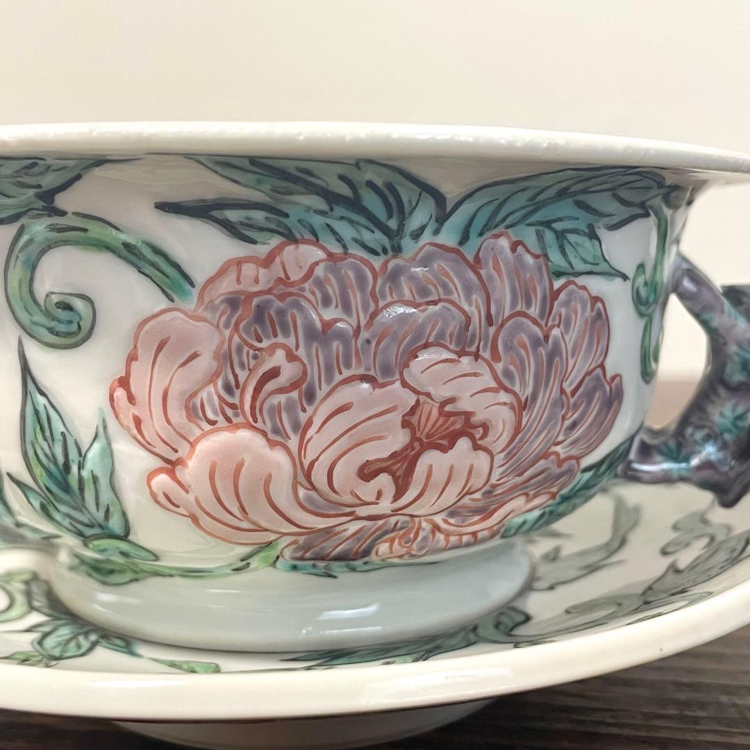 五代 清風与平？ 在銘 色絵 牡丹紋 唐獅子双耳 碗皿 詳細不明