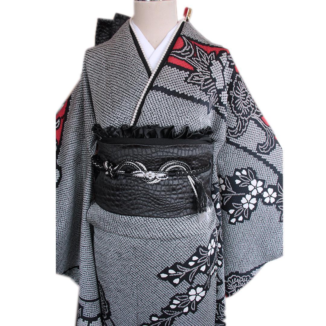 人気黒！振袖ほぼフルセット7点セット帯新品疋田重ね衿帯締め帯揚げRD09