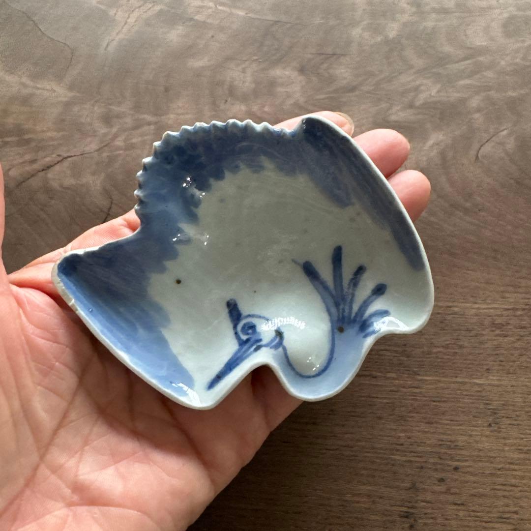 江戸中期　藍九谷　染付鶴形　手塩皿/小皿　変形皿　K338