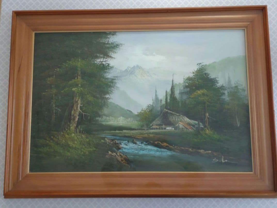 大きめ油絵　油彩画　美しい風景画　作者不明　額縁入り