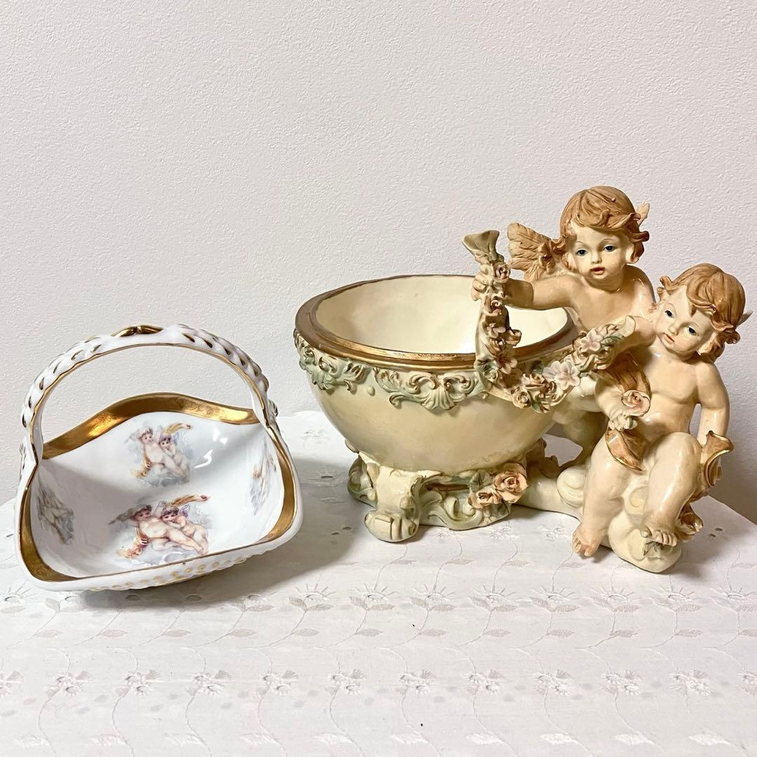 イタリア製 天使 エンジェル アンティーク調 置物 小物入れ／陶器製バスケット