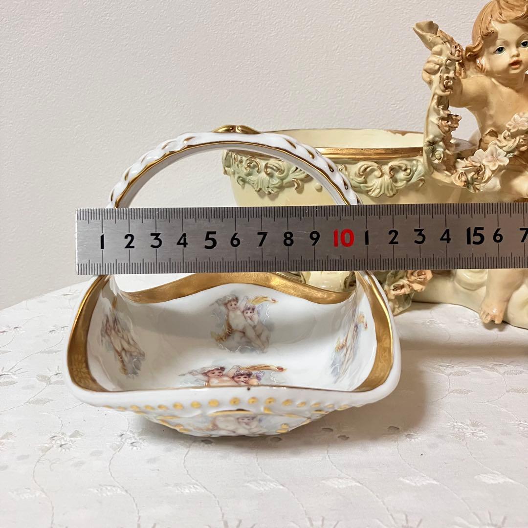 イタリア製 天使 エンジェル アンティーク調 置物 小物入れ／陶器製バスケット