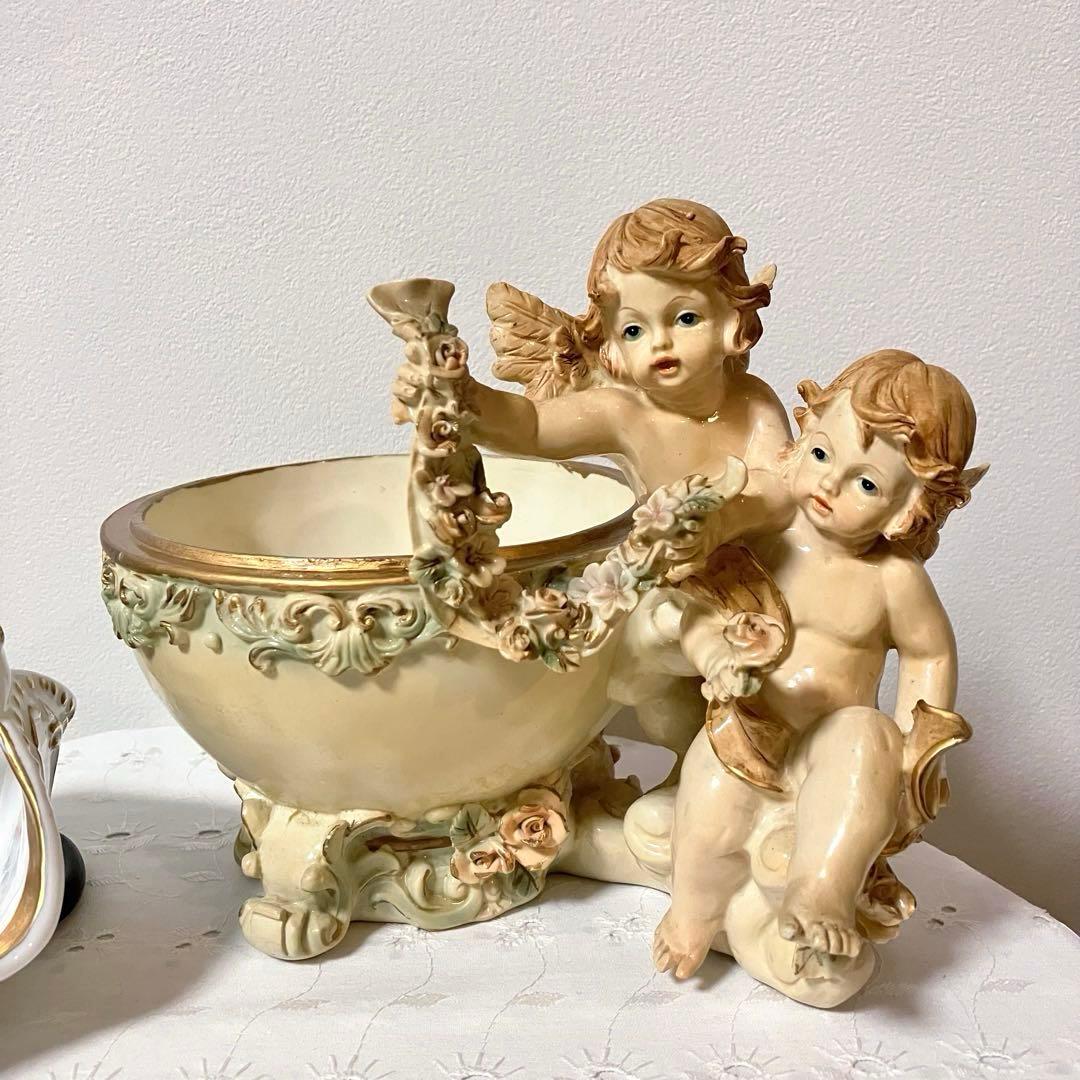 イタリア製 天使 エンジェル アンティーク調 置物 小物入れ／陶器製バスケット