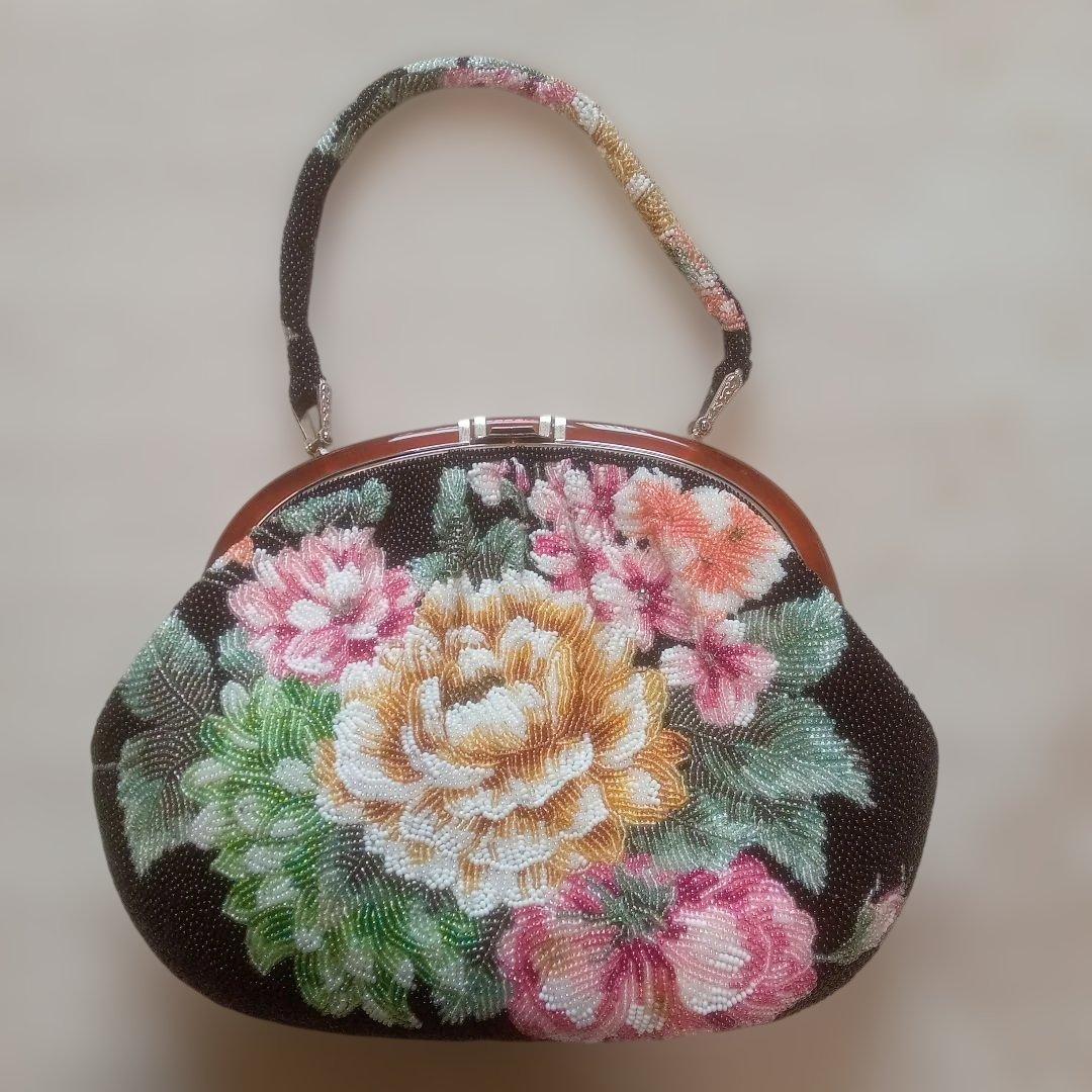 ビーズ 花柄 ハンドバッグ 和装 パーティ 昭和レトロ