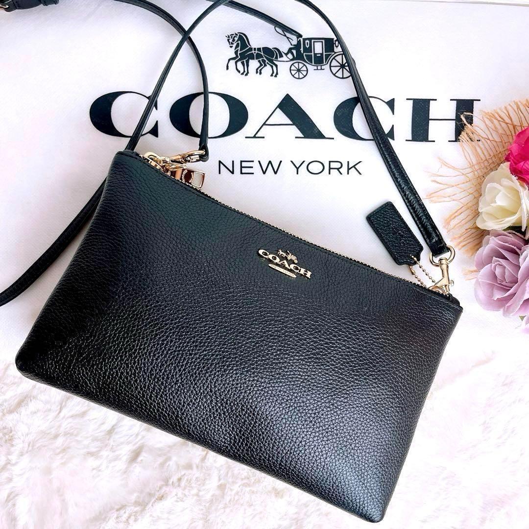 極美品☆COACHコーチ ショルダーカメラバッグ シボ革レザー ブラック大きめ.