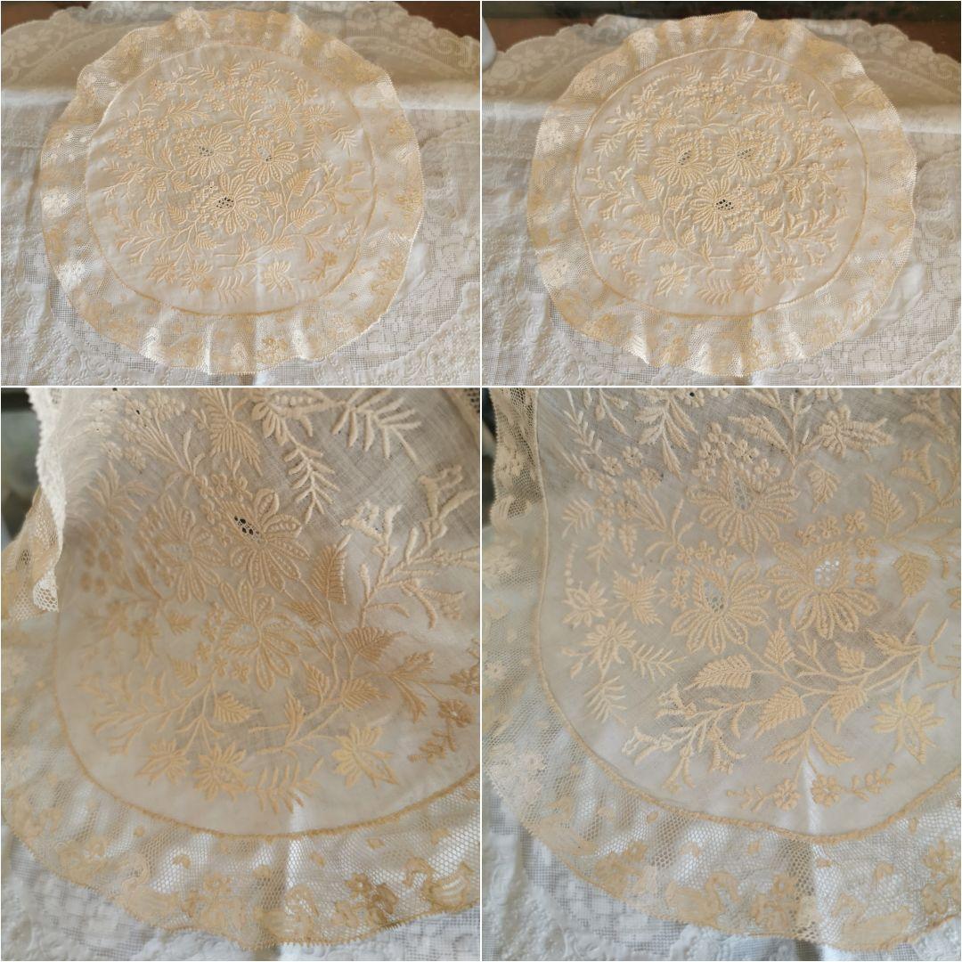 アンティーク ノルマンディーレースドイリー 白鳥と花と花びらの美しいアランソン