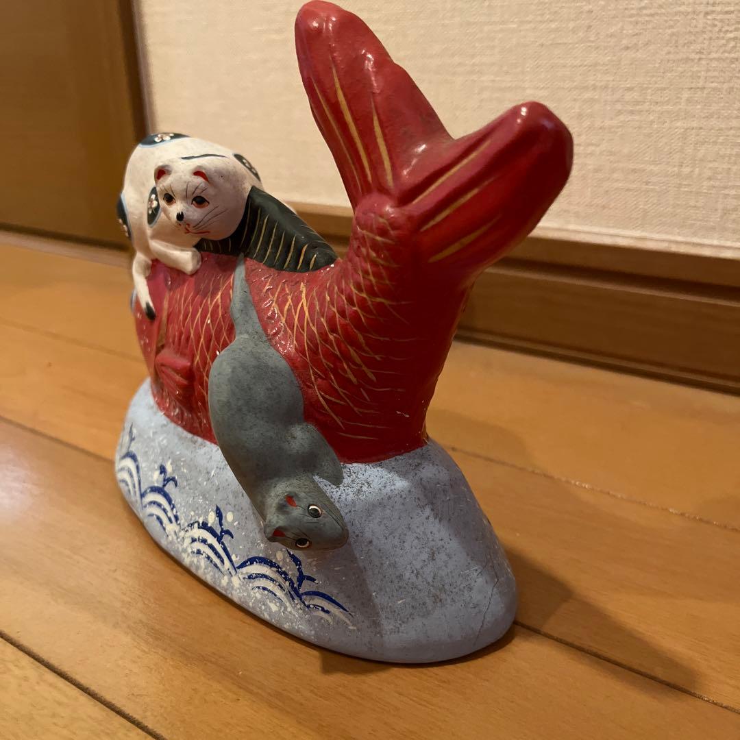 宮城県仙台市　堤人形　鯛乗り猫と鼠　郷土玩具