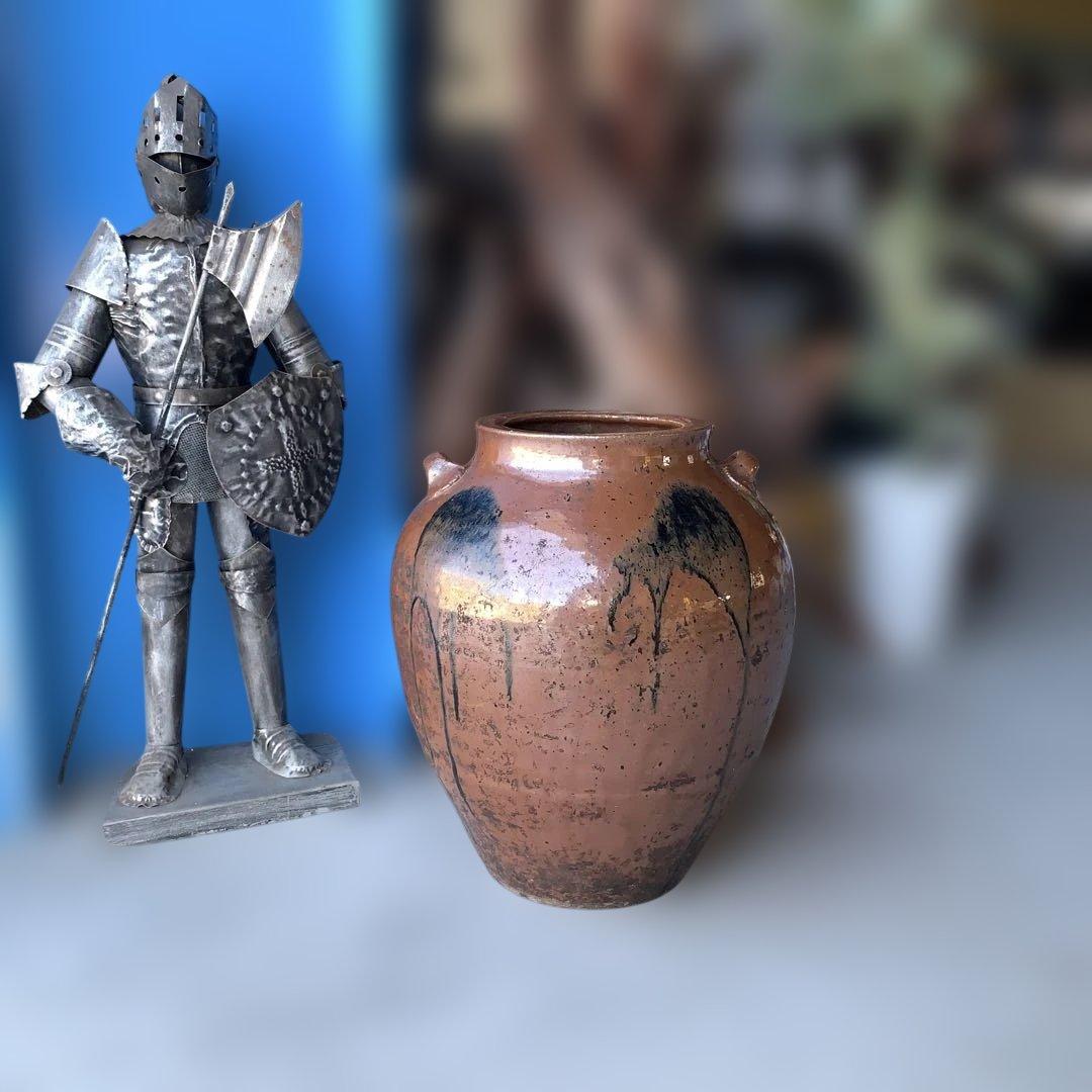 茶色の陶器製，百年灰釉双耳壺 特大32.6㎝ 日本古陶 古美術品 旧家収蔵品