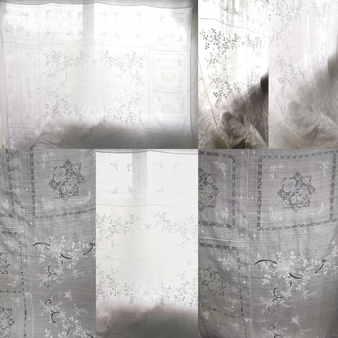 アンティーク ニードルワーク 舞う蝶と花の手刺繍＆フィレレース大判クロスカーテン