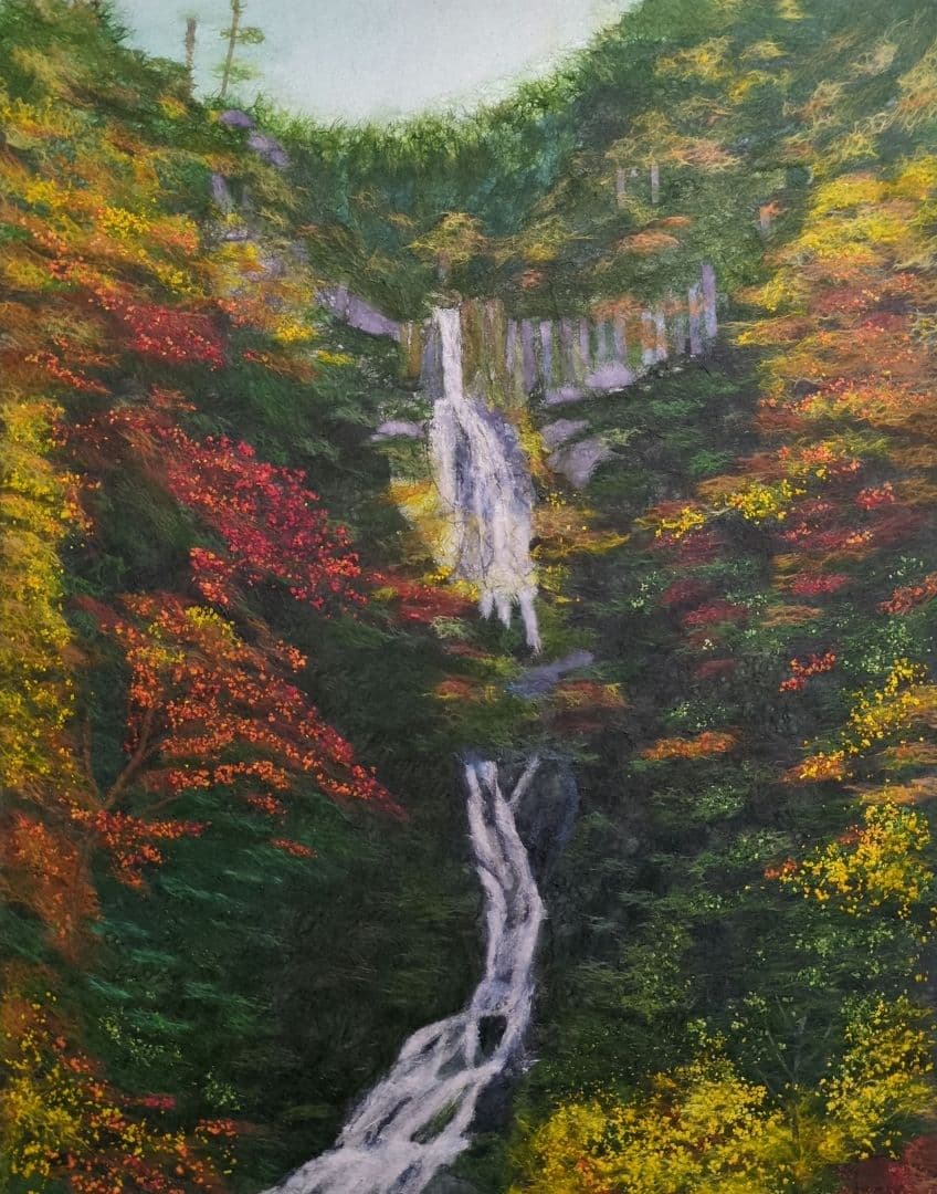 値下げ！【ちぎり絵】「紅葉−滝」　ハンドメイド　(P 10サイズ）暮らしに彩りを