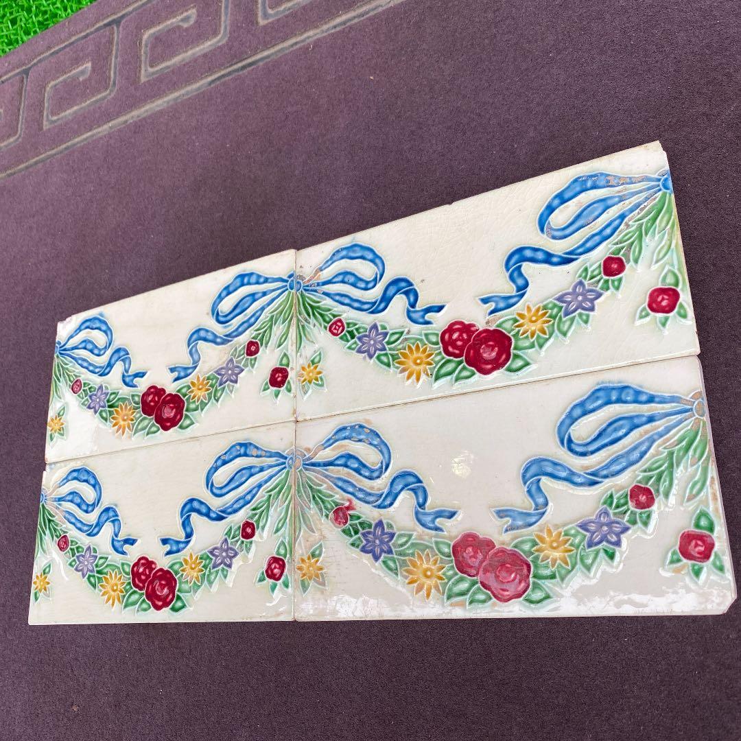 ハンドメイド日本製アンティークマジョリカタイル⑤４枚セット　プラナカンタイル