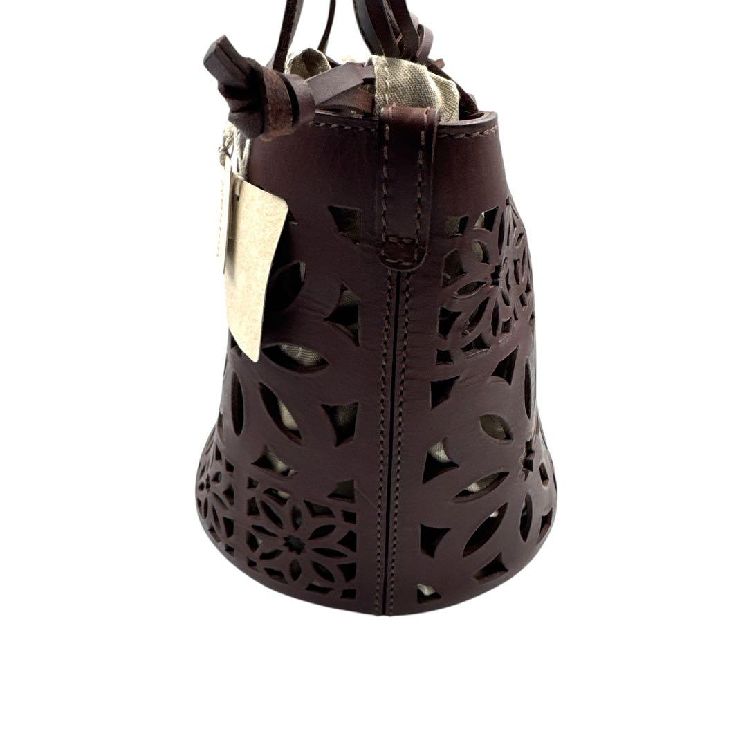 新品未使用 genten ゲンテン カットワーク ハンドバッグ 巾着付 茶 本革