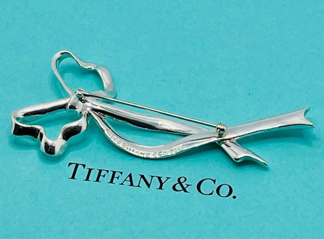 h405 美品　オールドティファニー　リボンボウ　ラージサイズ　ブローチ　925