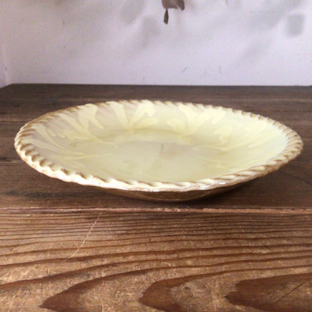 No3842 船木伸児　淡黄釉楕円鉢　共箱　布志名舩木窯　島根県　民藝　送料無料