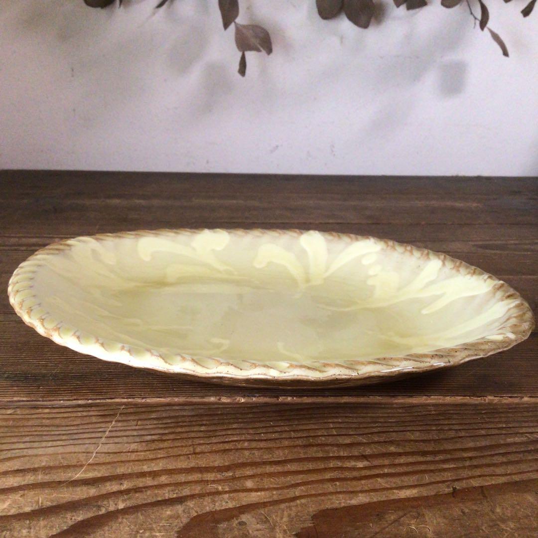 No3842 船木伸児　淡黄釉楕円鉢　共箱　布志名舩木窯　島根県　民藝　送料無料