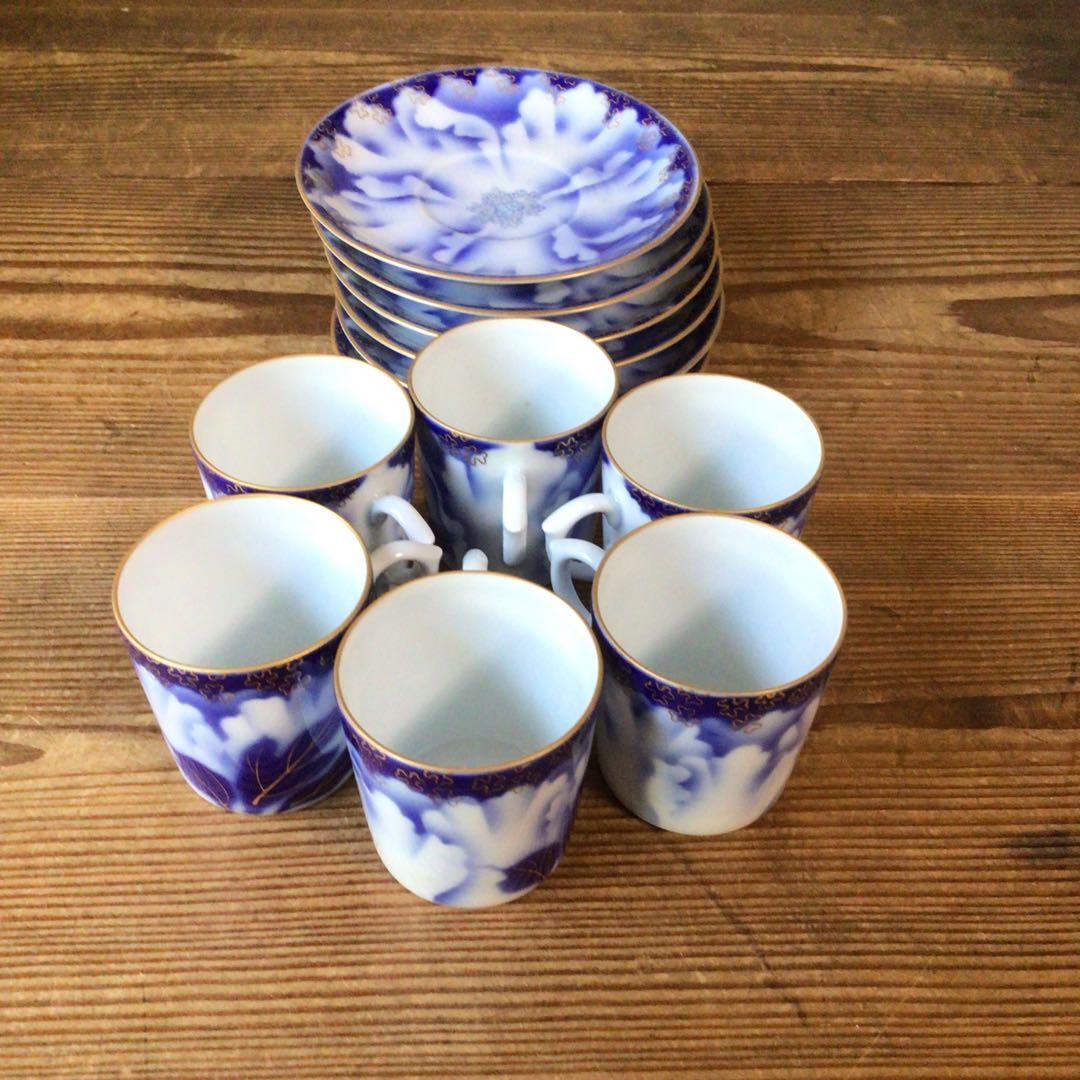 No4397 深川製　珈琲碗皿揃　牡丹金ミル　6客　共箱　有田焼　送料無料