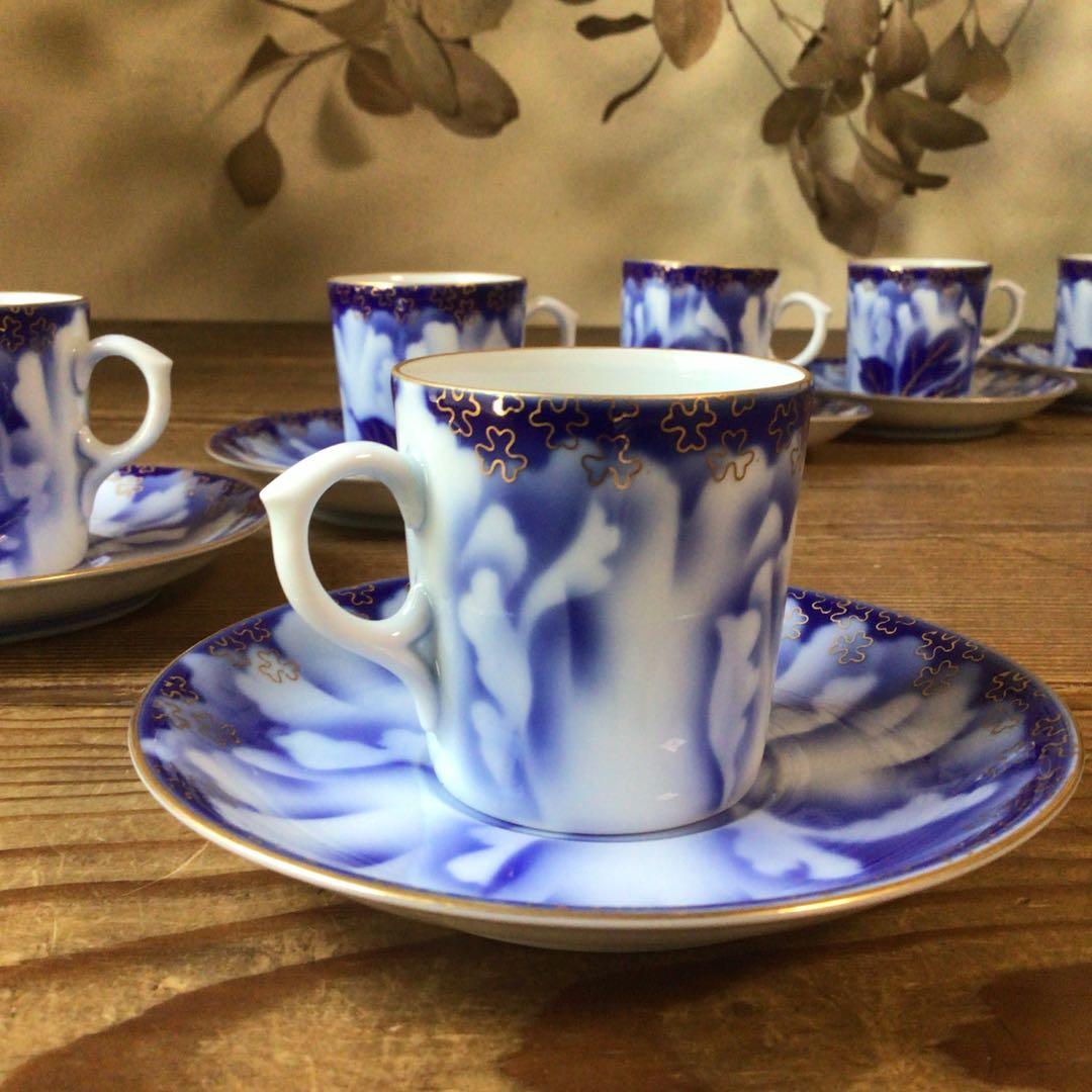 No4397 深川製　珈琲碗皿揃　牡丹金ミル　6客　共箱　有田焼　送料無料