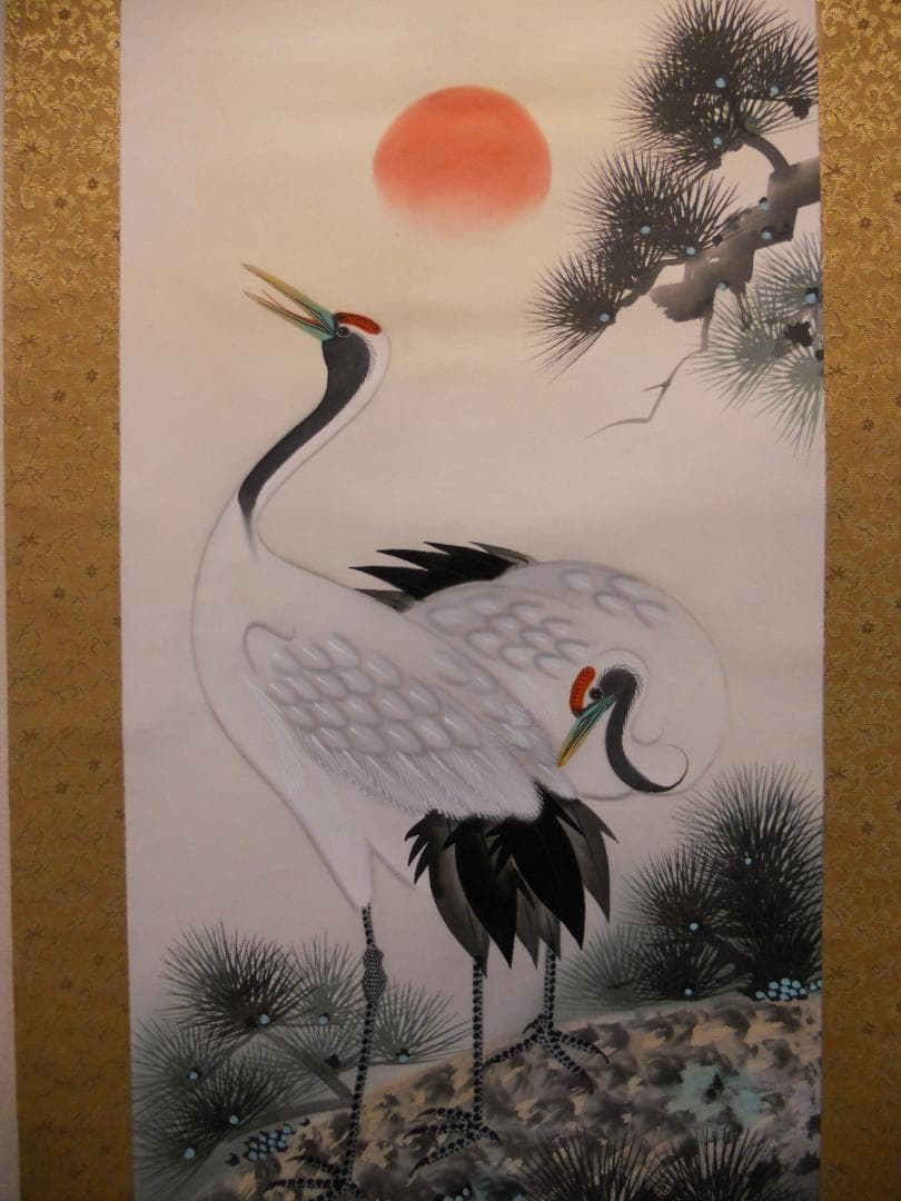 掛け軸 紫洲 松上鶴之図 中島清堂 識箱 絹本 希少 軸装 茶道具 掛軸 美品