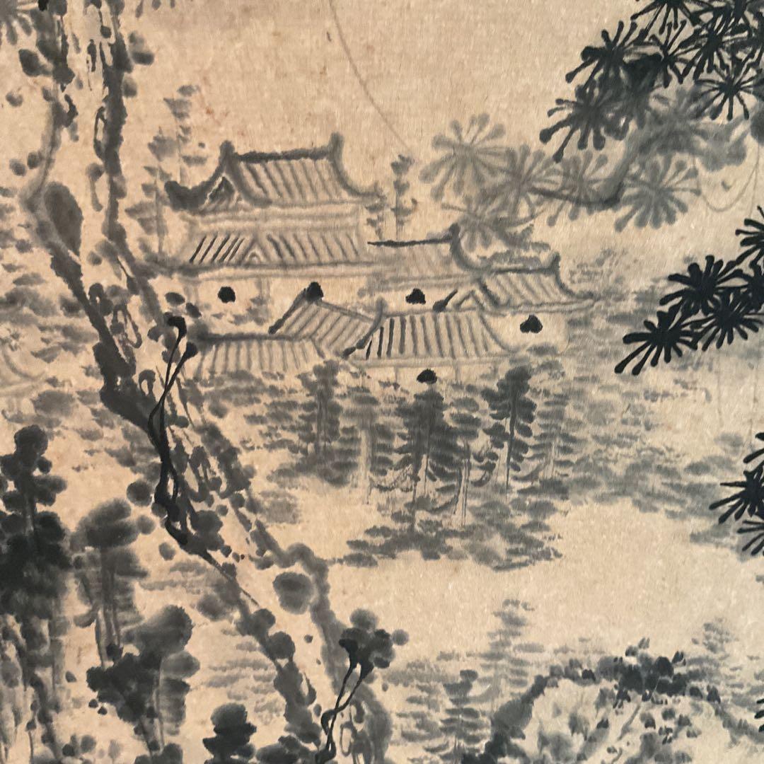 中国画 紙本水墨山水図 落款印譜在 作者不詳 軸先木細工