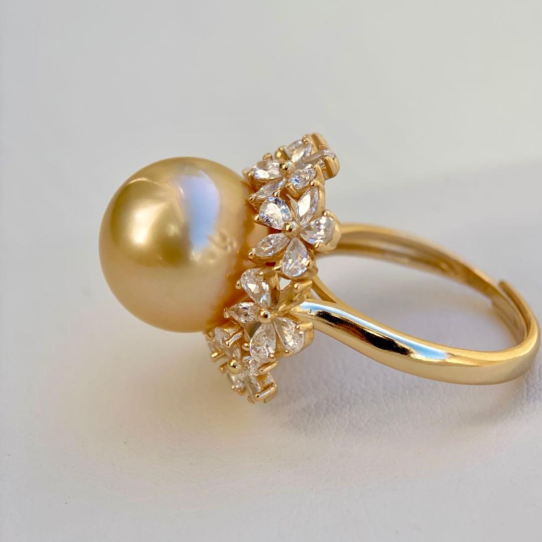 本真珠南洋白蝶真珠　茶金12.9㍉花モチーフs925リングY1018