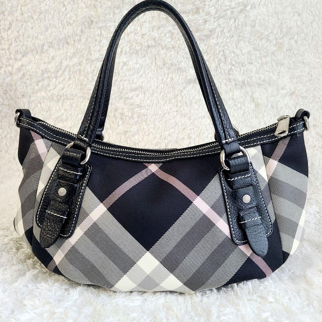 美品 バーバリー・ブルーレーベル ハンドバッグ キャンバス レザー 黒