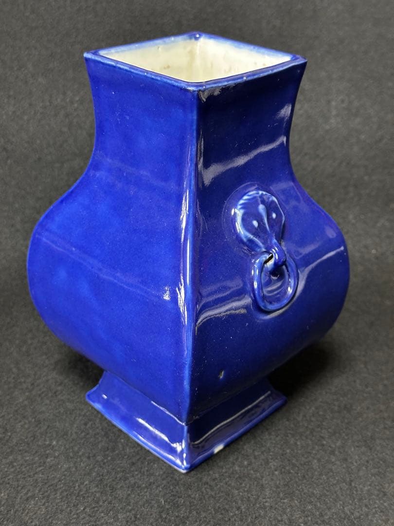 古美術 清 藍釉双耳花瓶　瑠璃釉　高さ約19.5cm 花入　中国美術