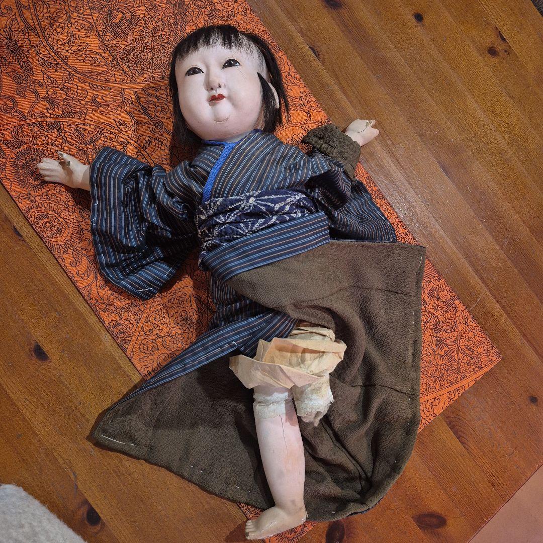 市松人形 青と黒のストライプ着物 ジャンク品