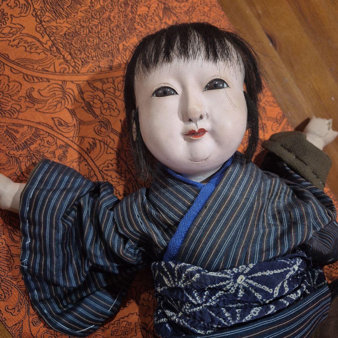 市松人形 青と黒のストライプ着物 ジャンク品