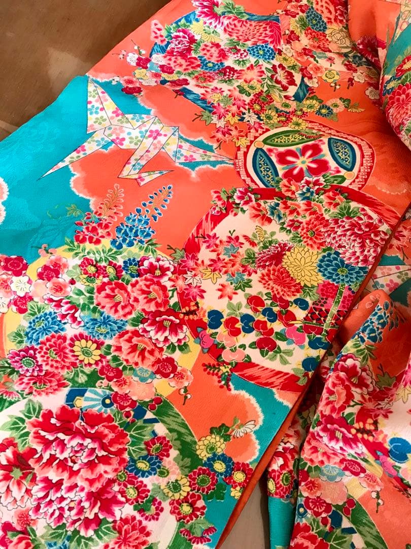 正絹 アンティーク着物 女の子 七五三 ◇花丸 折鶴 古典柄