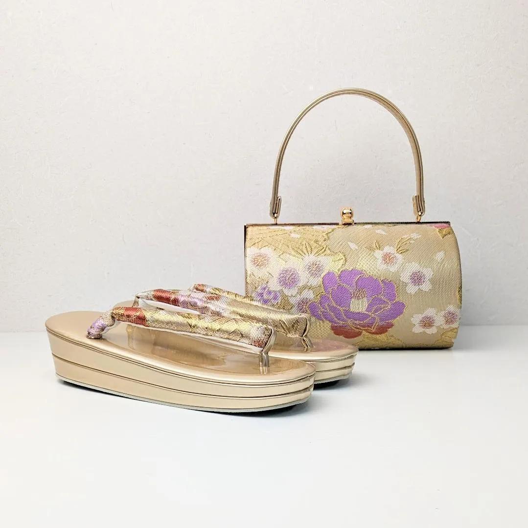 草履バッグセット 振袖 帯地 金 ゴールド 牡丹 フリーサイズ w48-4