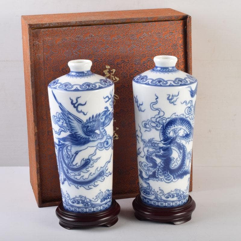 中国　青花　雲龍鳳凰文瓶　花瓶　唐木台付　一双　箱付　V　9066A