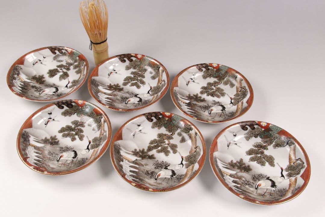 CH85 時代 九谷焼 福栄 金彩色絵 小皿 六客 12.2cm 山水 鶴松