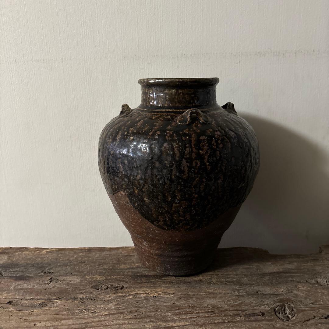 古丹波壷(江戸時代頃) 飴釉葉茶壺　古道具　古備前　古信楽　検:李朝　呂宋壷