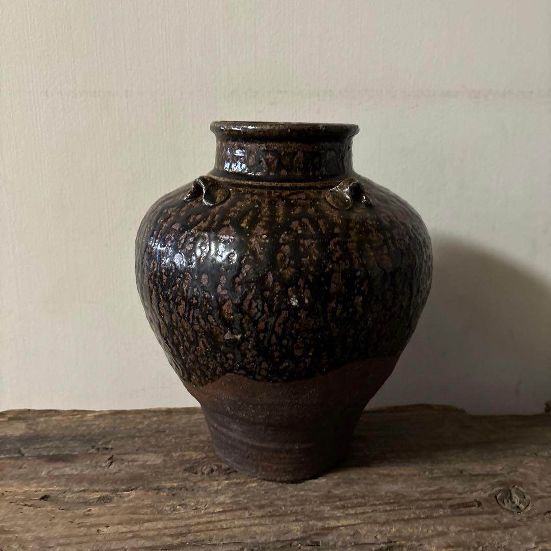 古丹波壷(江戸時代頃) 飴釉葉茶壺　古道具　古備前　古信楽　検:李朝　呂宋壷