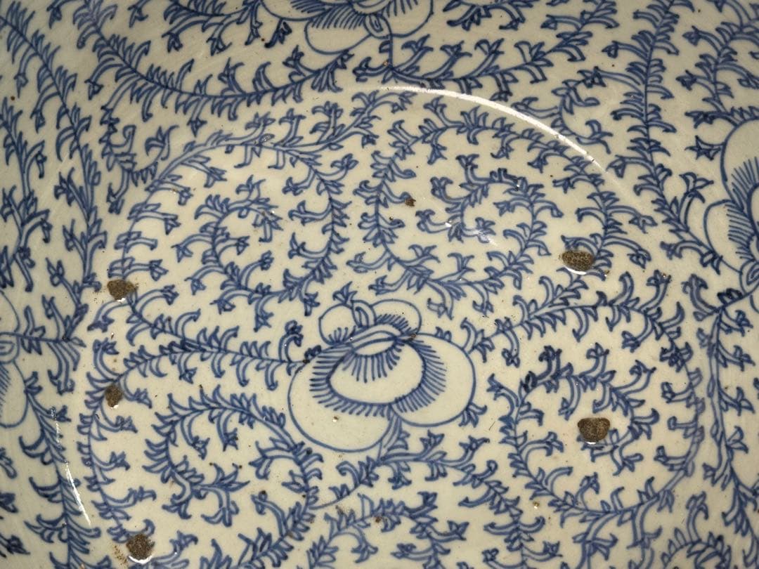 中国　清時代　染付纏枝蓮紋面盆　W36.7cm アンティーク　送料込み1111