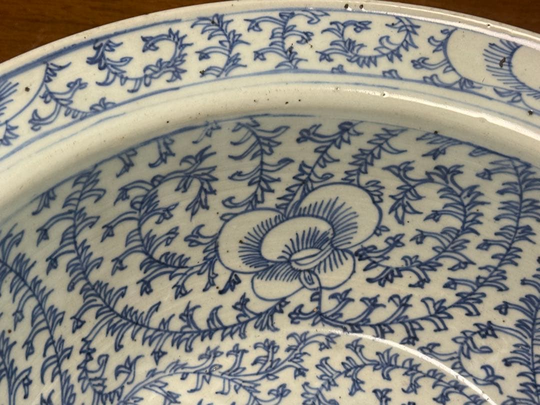 中国　清時代　染付纏枝蓮紋面盆　W36.7cm アンティーク　送料込み1111